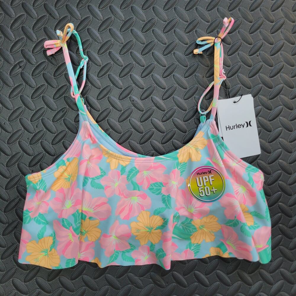 NWT Hurley Girls Bikini Top Size 14 Floral Flounce UPF 50+ Summer Vacation Beach
